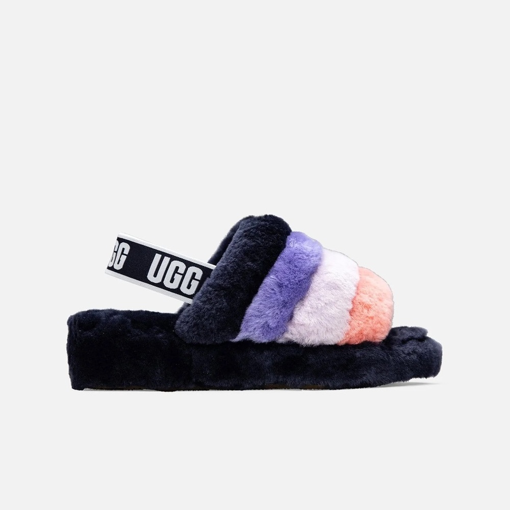 UGG Fluff Yeah Black Purple Stripe Fuzzy Fleece Sheepskin Slide Slippers Size 9
